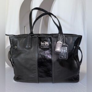*COACH* Vintage Black Leather Stripe Chelsea Carryall Tote Bag.
